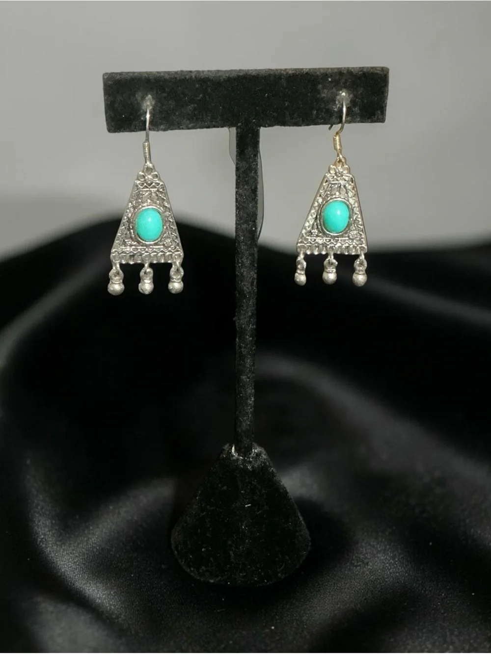 Turquoise Center Silver-Tone Triangle Dangle Earrings